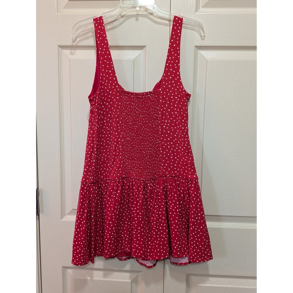 Wild Fable Red Star Print Tie Front Mini Dress Womens Medium Smocked Back - Picture 7 of 11